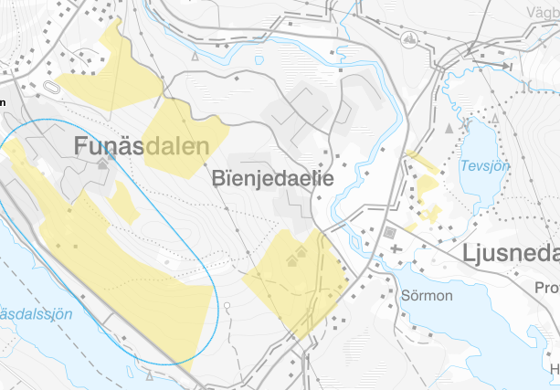 Kartbild som visar utvecklingsområde för bostäder Sydsluttning röstberget, tältplatsen.