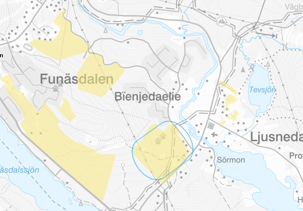 Kartbild som visar utvecklingsområde för bostäder Ljusnedal - Östra delen av röstberget