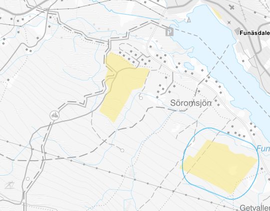 Kartbild som visar utvecklingsområde för bostäder Södra sidan av funäsdalssjön
