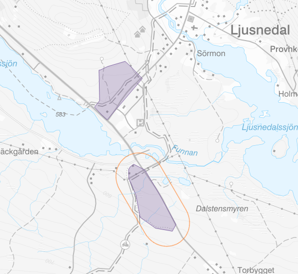 Kartbild som visar utvecklingsområde för verksamheter Östra sidan av Funäsdalssjön