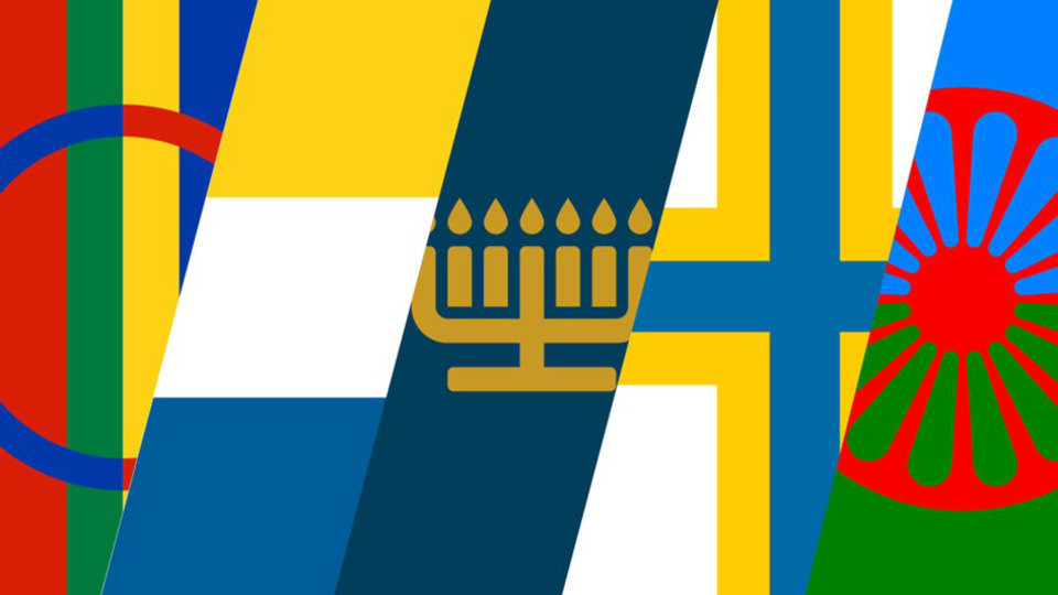 Flagga som representerar alla fem nationella minoriteter i Sverige