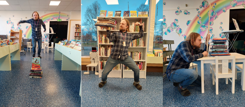 Barnbibliotekarie Erik testar bokhöjdhopp, boktyngdlyftning samt att bygga boktorn.