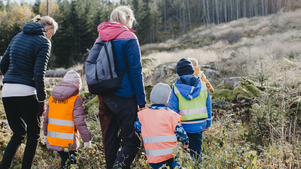 Förskolebarn med lärare i naturen. Foto: Scandinav.