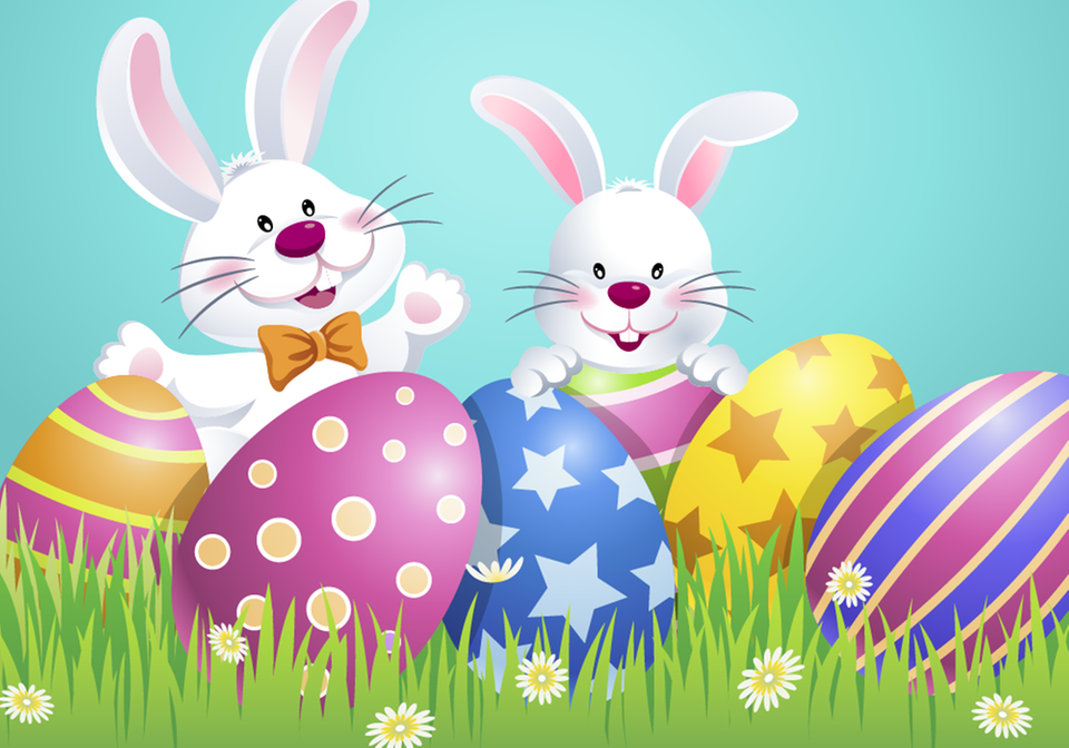 Två tecknade glada kaniner på gräsmatta. Framför fem färgglada påskägg, två randiga, ett med prickar samt  två med stjärnor. 