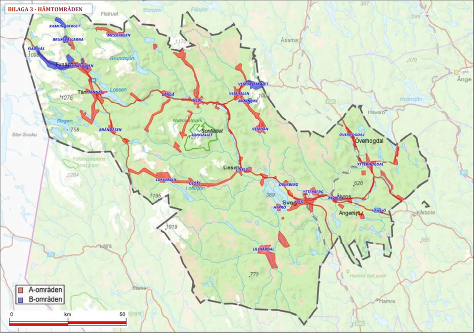 Karta som visar kommunens hämtningsområden