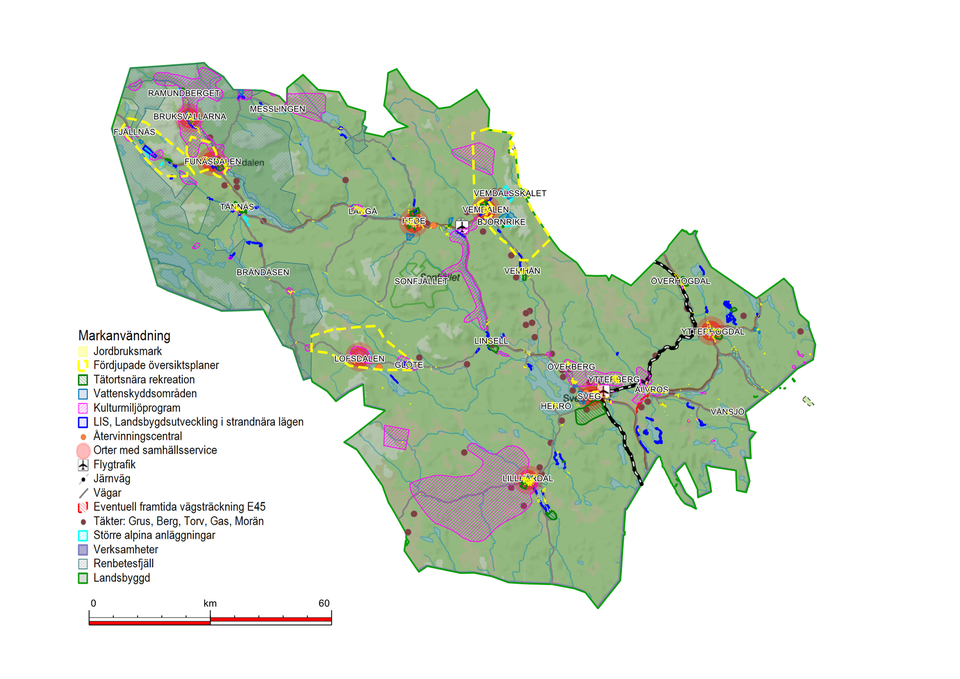 Bild över Härjedalens kommun som visar områden för markanvändning. 