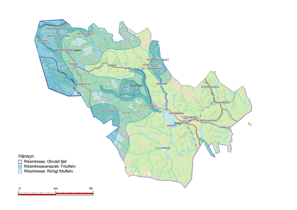 Bild över Härjedalens kommun som visar områden att ta hänsyn till i översiktsplanen. 