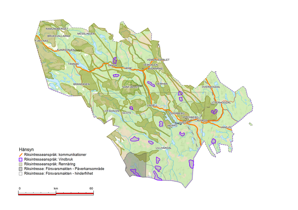 Bild över Härjedalens kommun som visar områden att ta hänsyn till i översiktsplanen. 
